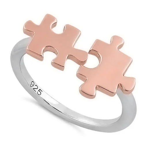 Sterling Silver Two Tone Rose Gold Plated Jigsaw Puzzle Pieces Ring