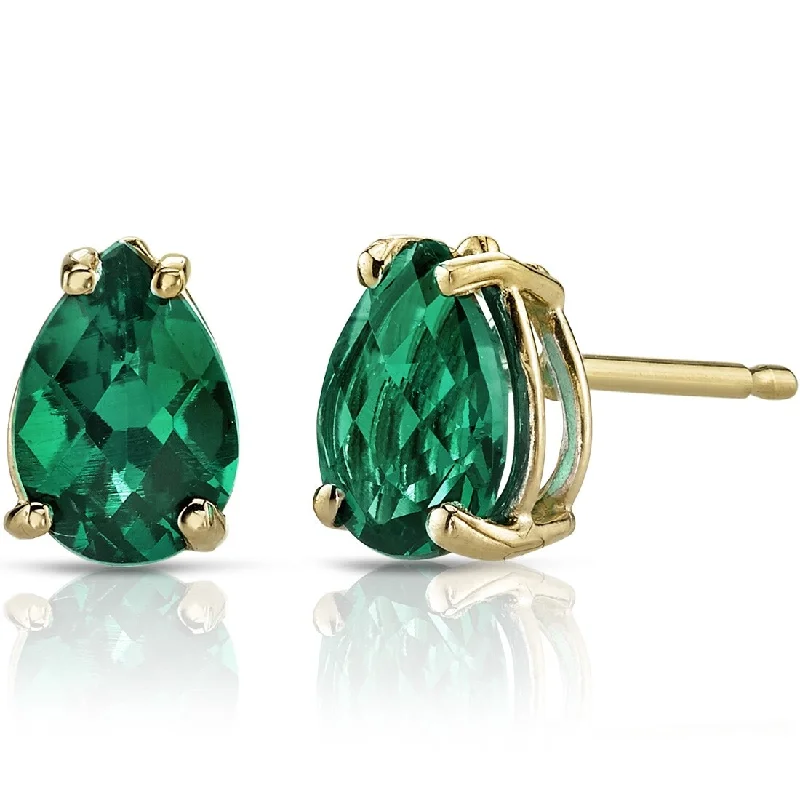 14k Yellow Gold Emerald Stud Earrings 1.2 ct Pear Shape