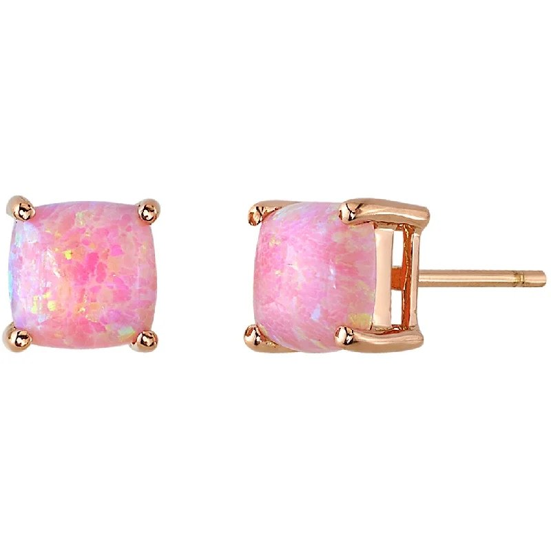 14k Rose Gold Pink Opal Stud Earrings 1 ct Cushion Shape