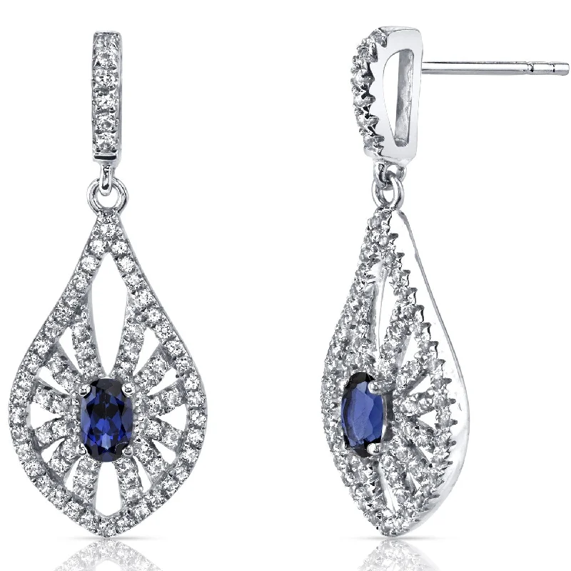 14k White Gold 2 ct Created Blue Sapphire Dangling Earrings