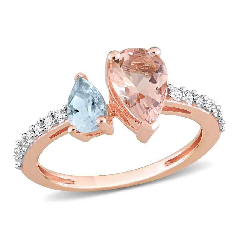 Miadora 1 1/2ct TGW Pear Shape Morganite, Aquamarine and 1/5ct TW Diamond Ring in 14k Rose Gold