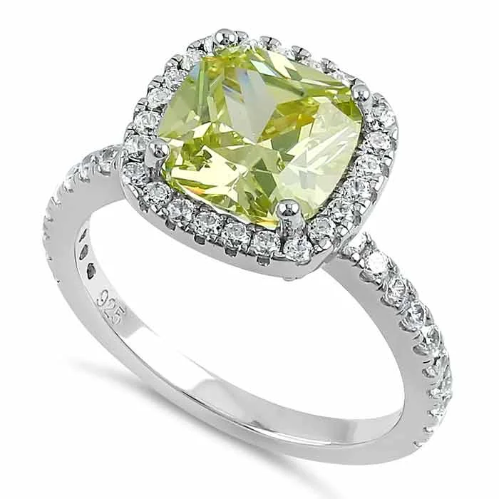 Sterling Silver Cushion Cut Apple Green CZ Ring