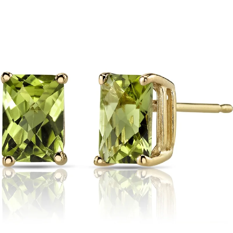 14k Yellow Gold Peridot Stud Earrings 2.03 ct Radiant Shape