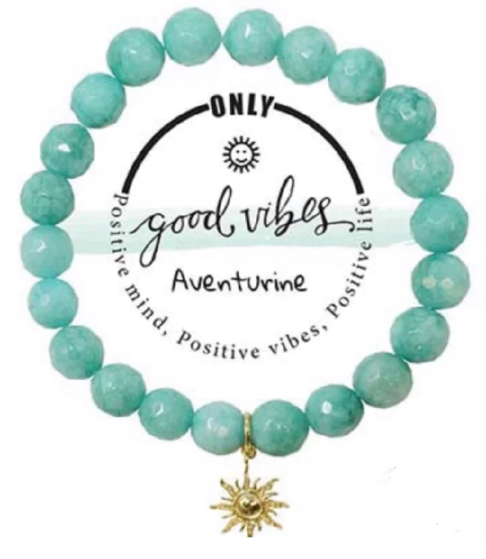 Good Vibes Sun Charm Semi-Precious Aventurine Stone Stretch Inspirational Bracelet