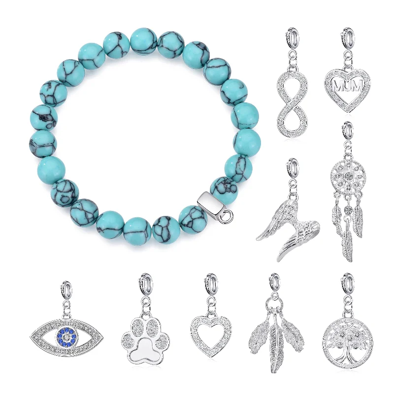 Synthetic Turquoise Gemstone Stretch Bracelet with Charm Created with Zircondia® Crystals