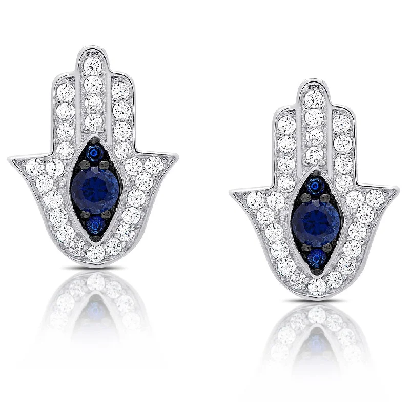 Dolce Giavonna Sterling Silver Simulated Sapphire and Cubic Zirconia Hamsa Hand Earrings